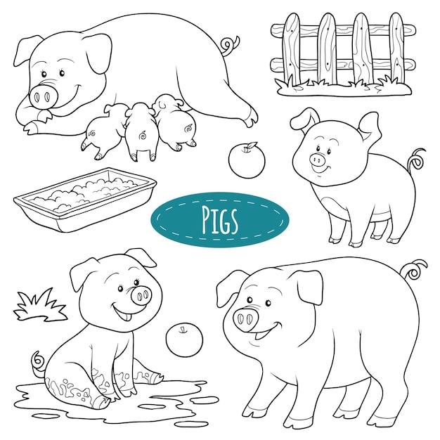 Vector black and white set of cute farm animals and objects vector cartoon family pigs