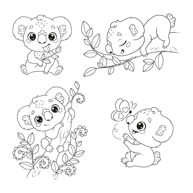 Vector black and white set of cute koalas