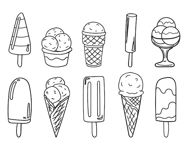 Black and white set of different kinds of ice cream in the Doodle style