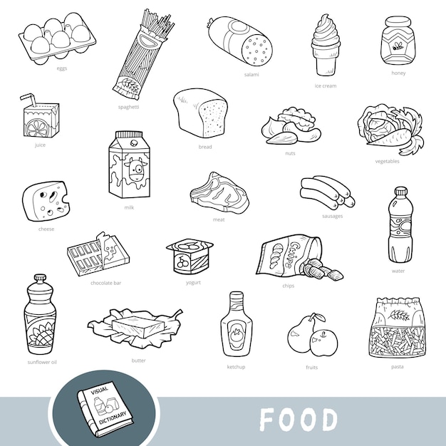 Black and white set of food collection with names in English Cartoon visual dictionary