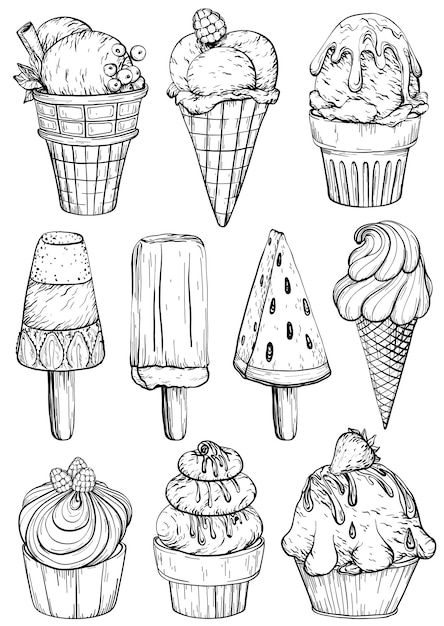 Black and white set of ice cream