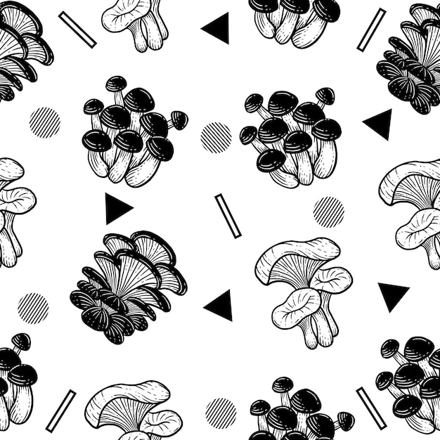 Black and white set mushroom healthy food engraved hand drawn random black object outline illustration white