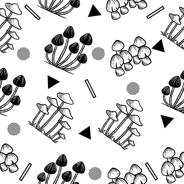 Set in bianco e nero fungo cibo sano inciso a mano disegnato a mano oggetto nero casuale illustrazione del contorno bianco