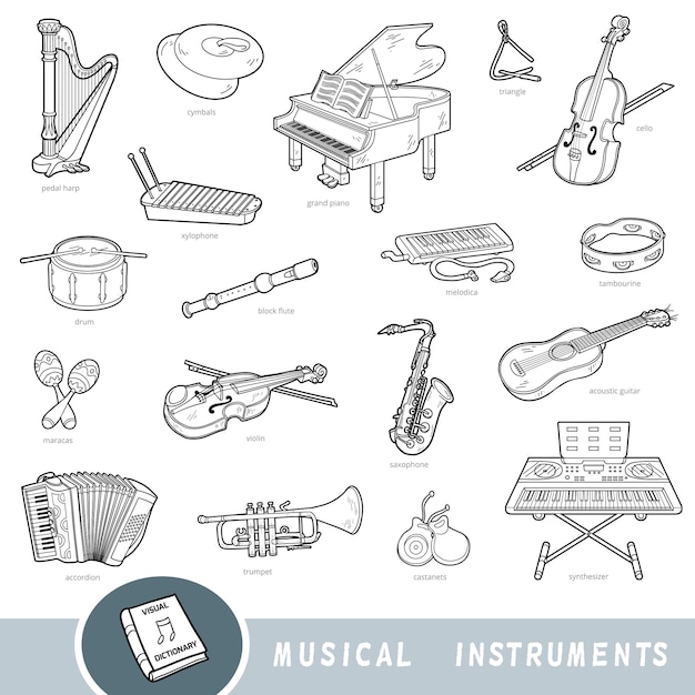 Set di strumenti musicali in bianco e nero con nomi nel dizionario visivo inglese cartoon