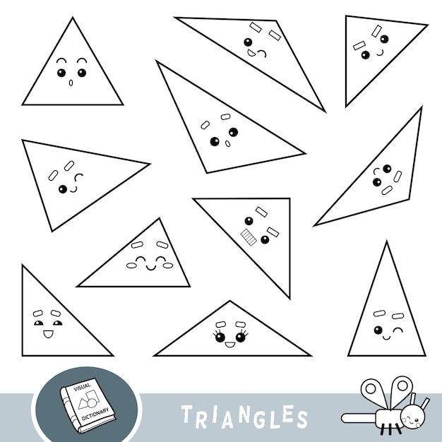 Black and white set of triangular shape objects Visual dictionary for kids about geometric shapes