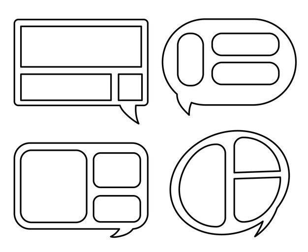 Vector black and white set of vector icons for text boxes round square rounded