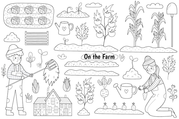 Set in bianco e nero con bambini carini agricoltori che lavorano in giardino. pagina da colorare