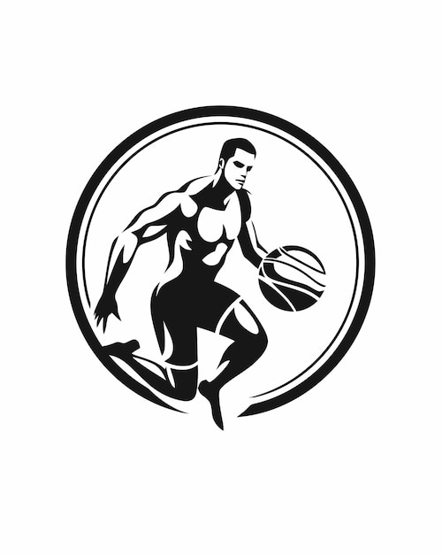 A black and white silhouette of a basketball player.