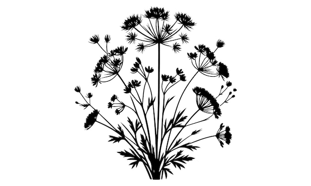 black and white silhouette of a bouquet of wildflowers botanical illustration elegant floral desig