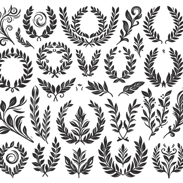 Vector black and white silhouette circular laurel foliate