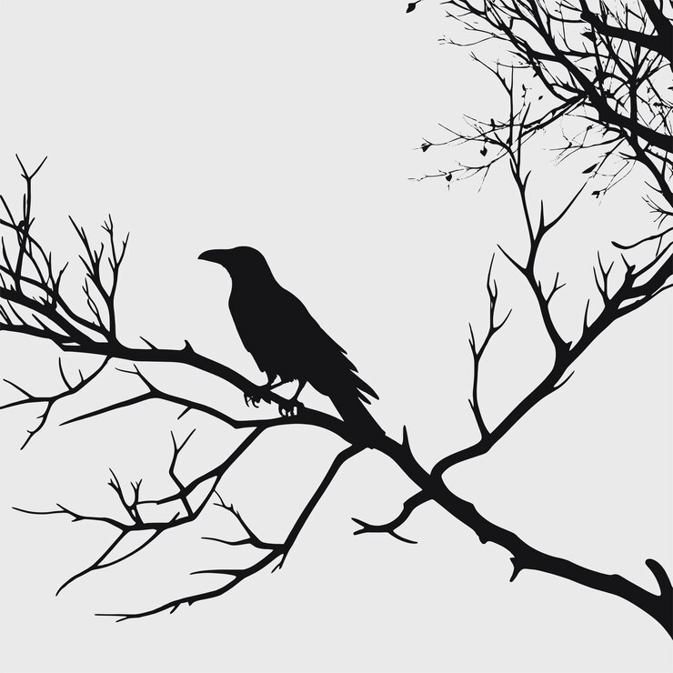 Vector a black and white silhouette of a crow perched on a tree branch