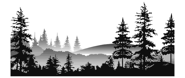 Black and white silhouette of forest and mountains