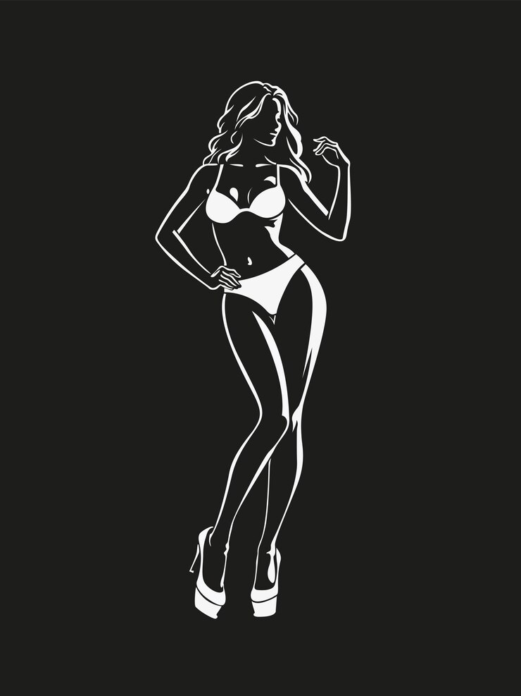 Vector black and white silhouette of a girl in underwear back view