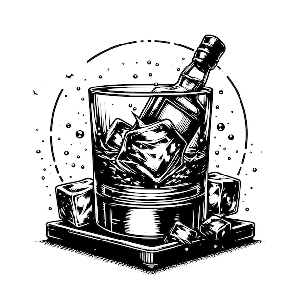 Vettore silhouette in bianco e nero di uno scotch whisky di vetro sulle rocce