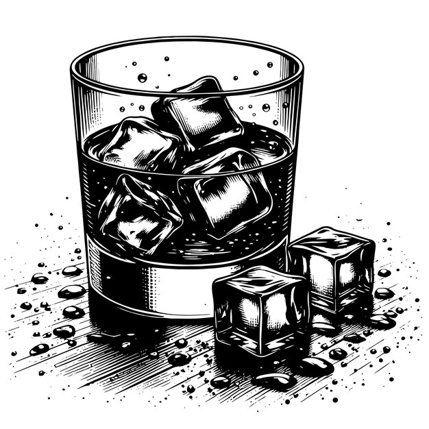 Black and white silhouette of a Glass Whisky Scotch on the Rocks