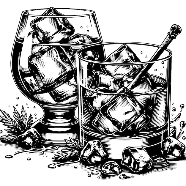 Vector black and white silhouette of a glass whisky scotch on the rocks