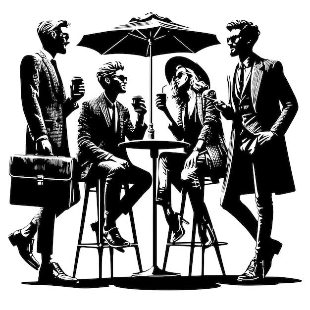 Vector black and white silhouette of a group of european people meeting greeting at the urban street cafe