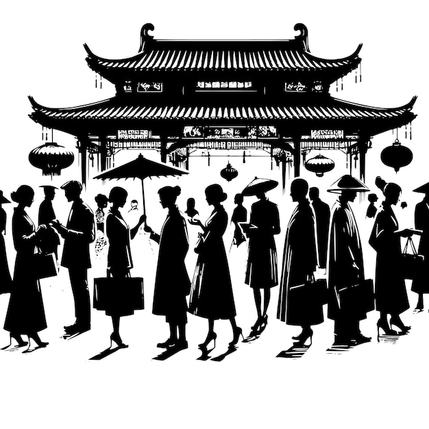 Vettore silhouette in bianco e nero di un gruppo di persone orientali e asiatiche che si incontrano per salutare al mercato urbano