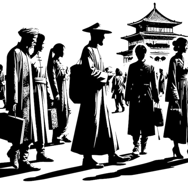 Black and white silhouette of a group of oriental and asian people meeting greeting at the urban market