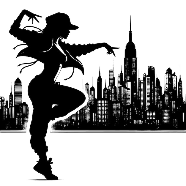 Vettore silhouette in bianco e nero di una ragazza hiphop che posa davanti a uno skyline urbano