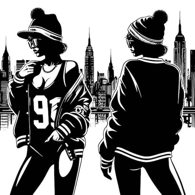 Vector black and white silhouette of a hiphop girl posing in front of a urban skyline