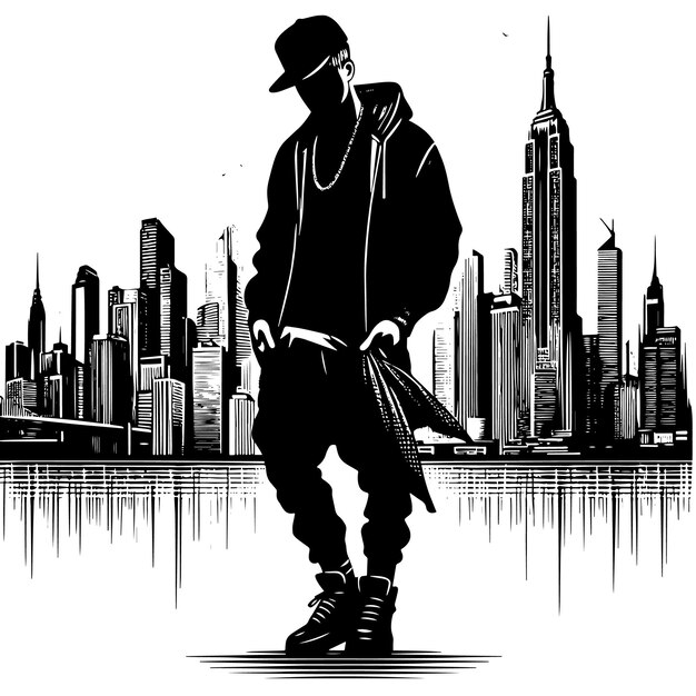 Vettore silhouette in bianco e nero di un rapper hip hop che posa davanti a uno skyline urbano