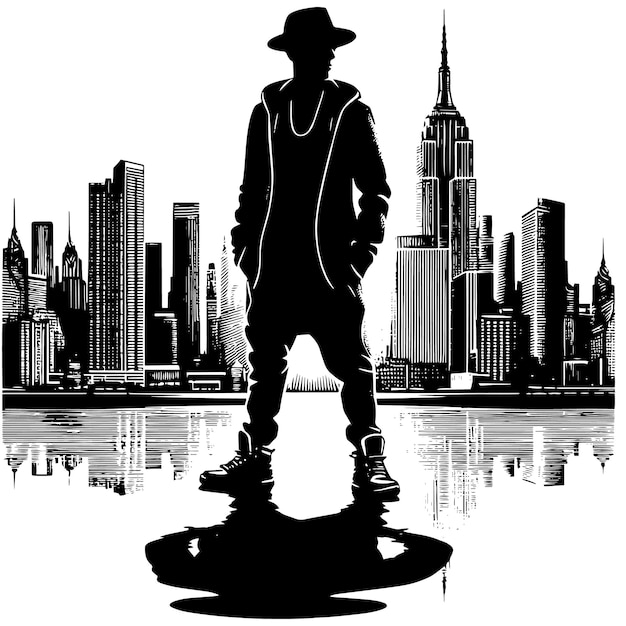 Black and white Silhouette of a hiphop rapper posing in front of a urban skyline