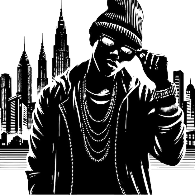 Vettore silhouette in bianco e nero di un rapper hip hop che posa davanti a uno skyline urbano