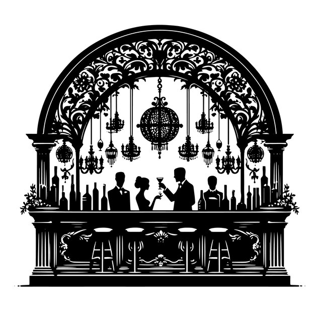 Black and white silhouette of a hotel club bar scene with guests man and woman