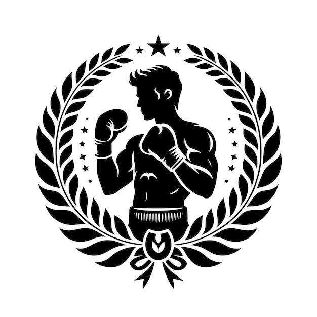 Vector black and white silhouette of a laurel wreath with a box champion symbol illustration