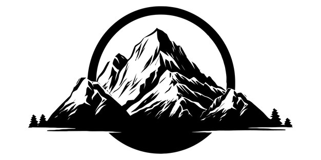 A black and white silhouette of a mountain with a circle in the middle.