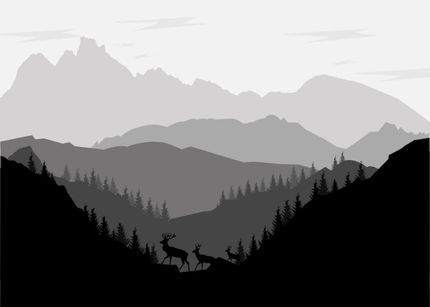 Vettore sagoma in bianco e nero di montagne con alberi e cervi