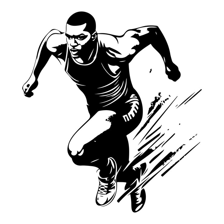 Vector black and white silhouette of a person running on a white background