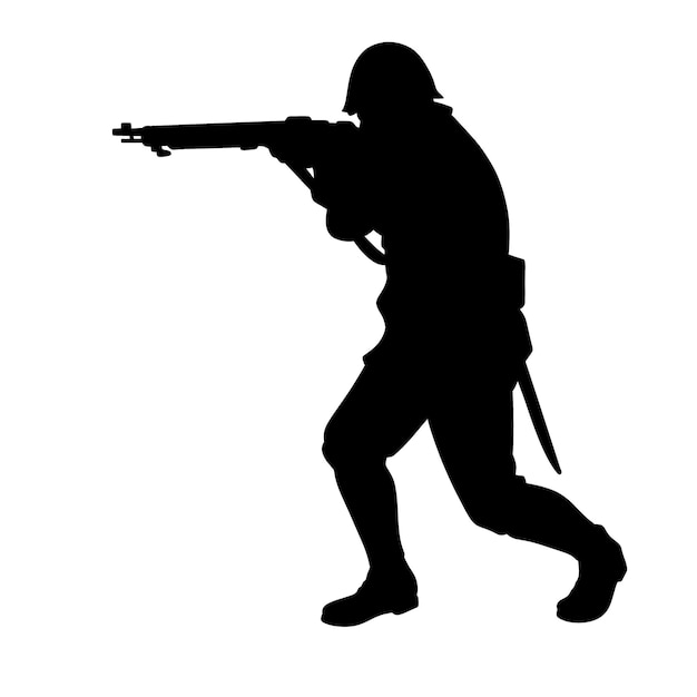 Vector black and white silhouette of a soldier with a weapon a special forces soldier aims
