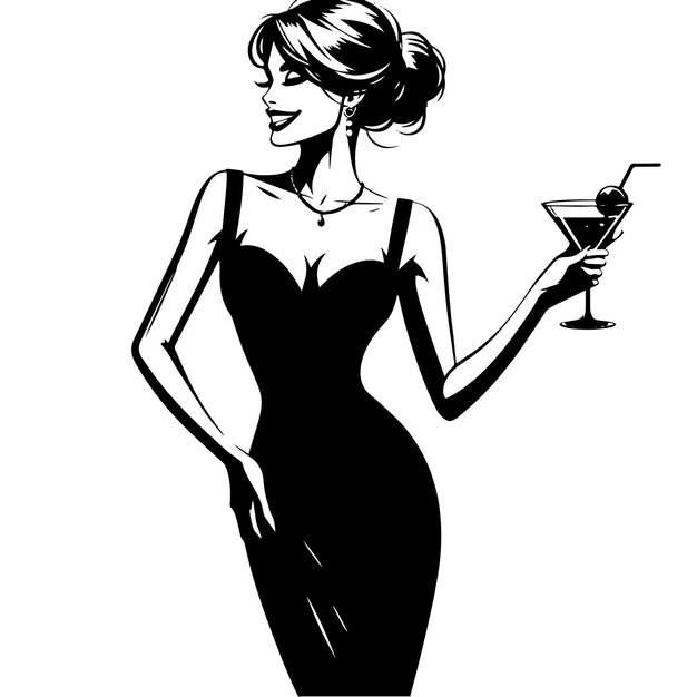 Silhouette in bianco e nero di una donna in abito da sera nero che si gode un cocktail