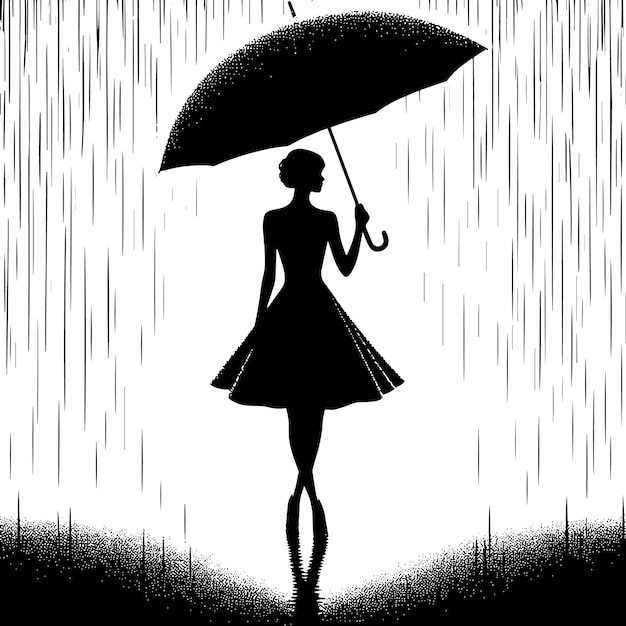Черно-белый силуэт женщины в платье, идущей под зонтиком под дождем