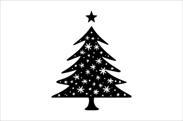 A black and white silhouettes of Christmas trees with a decoration