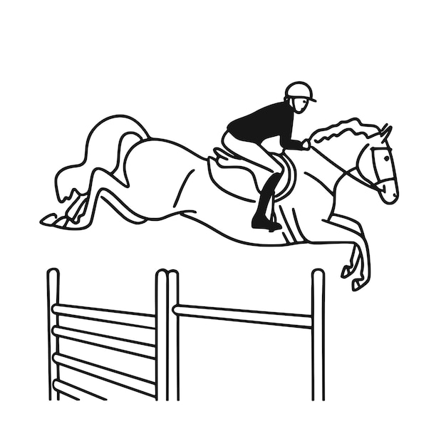 Cavaliere di cavallo doodle semplice in bianco e nero a cavallo nell'arena per la competizione di salto