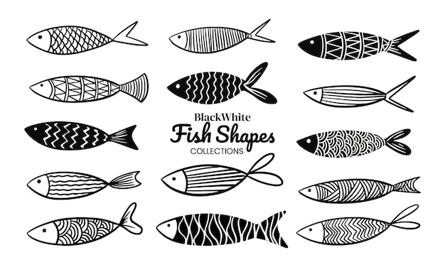 Black white simple fish shapes vector collections