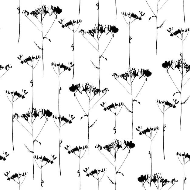 Black and white simple floral seamless pattern. Wild flowers in silhouette on white background