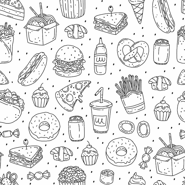 Modello senza cuciture semplice bianco e nero con fast food in stile doodle