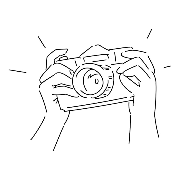 A black and white sketch of a camera with the word camera on it.