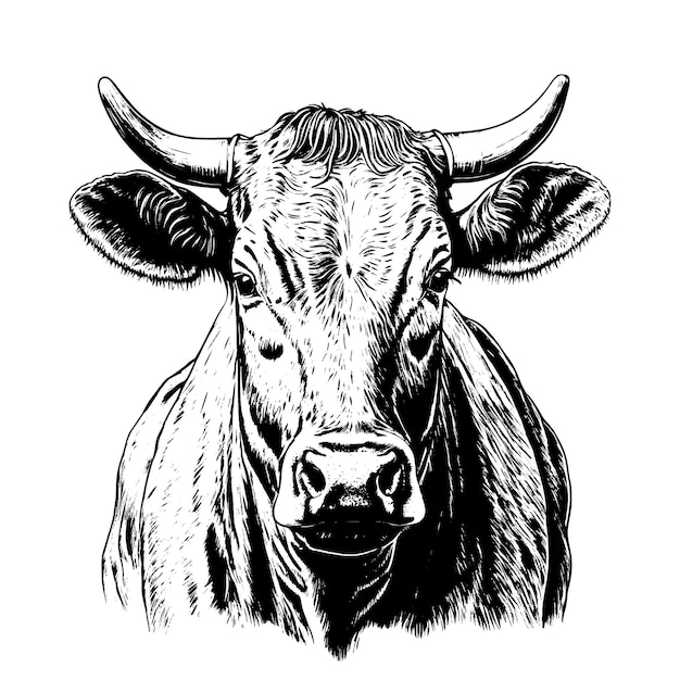 Black and white sketch of a cow's face Vector portrait