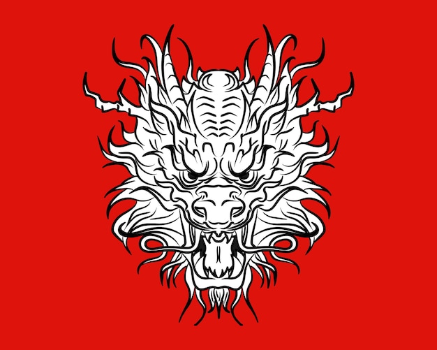 Black and white sketch of scary Chinese dragon head on red background Mythological Asian monster