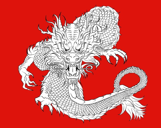 Black and white sketch of scary Chinese dragon on red background Mythological Asian ink monster