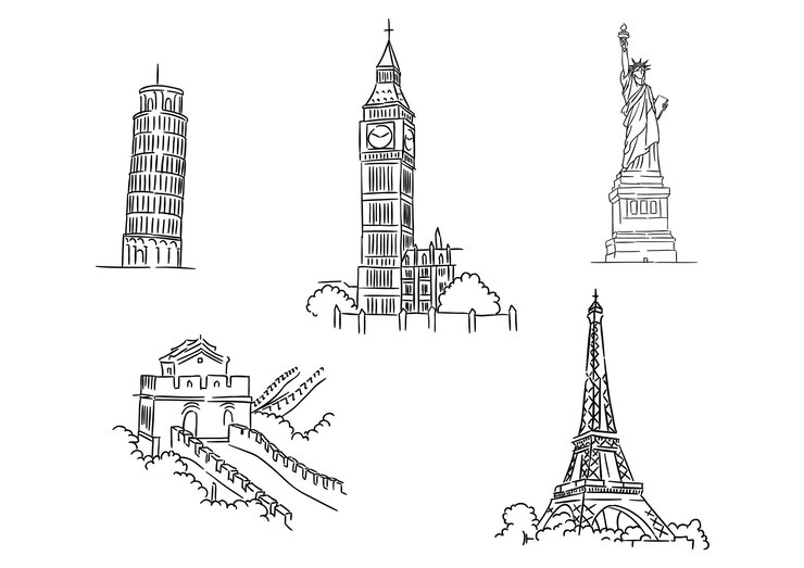 Vector black and white sketch set of famous world landmarks including the leaning tower of pisa, eiffel tower, big ben, liberty and great wall