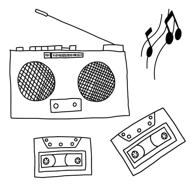 Black and white sketch tape recorder radio receiver with cassettes and notes in the style of doodle