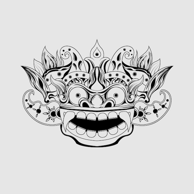 Black white sketch traditional balinese barong mask illustration