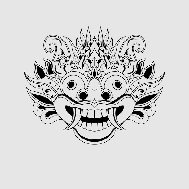 Black white sketch Traditional Balinese Barong mask illustration