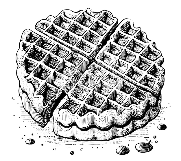 Vector black and white sketch of a waffle with chocolate chips.